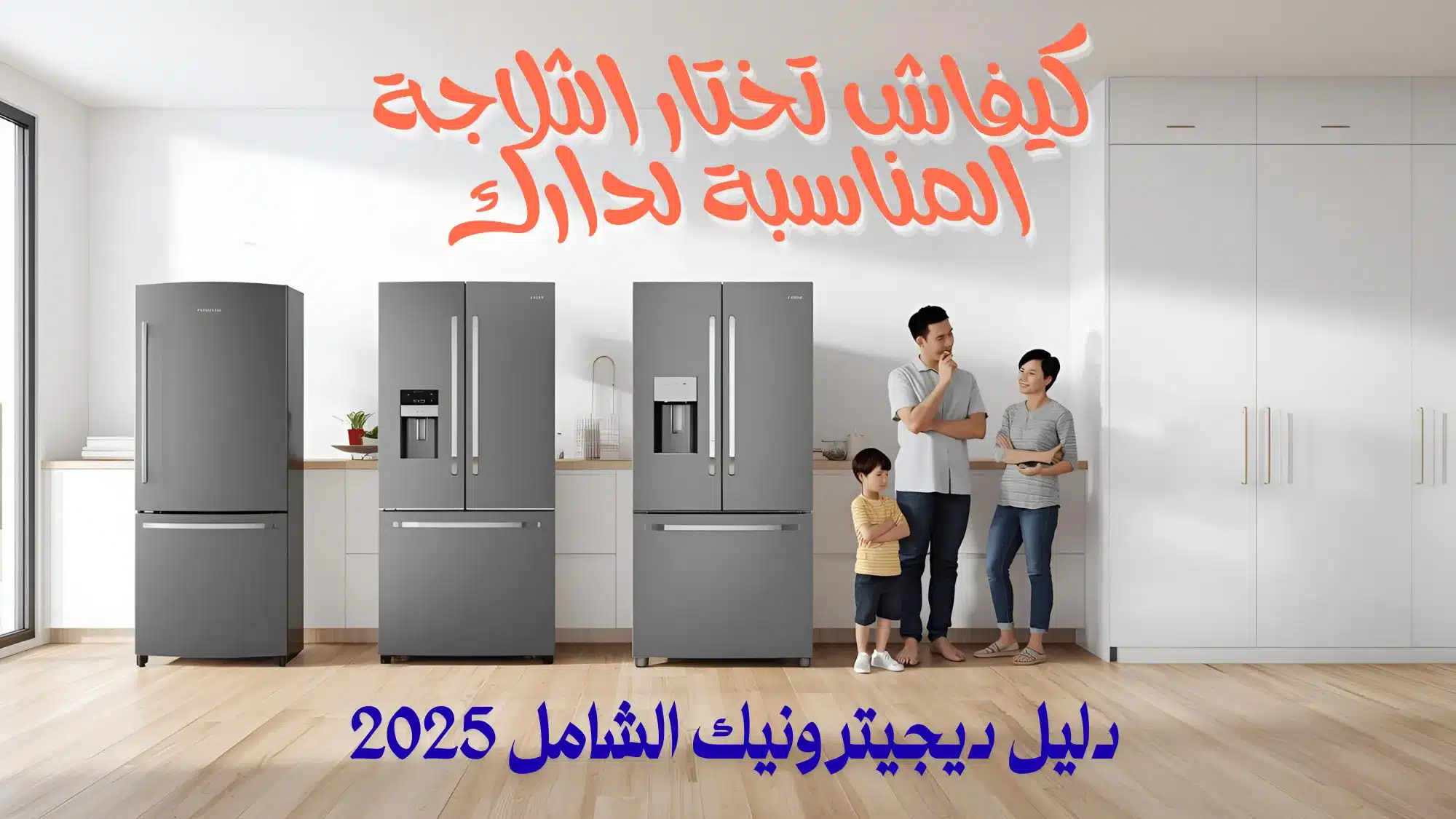 A family stands in a modern kitchen next to three gray refrigerators. The Arabic text at the top translates to "How to Choose the Right Fridge for Your Home," and at the bottom, "The Comprehensive 2025 Refrigerator and Home Guide" is in blue. The room has a bright, welcoming atmosphere.